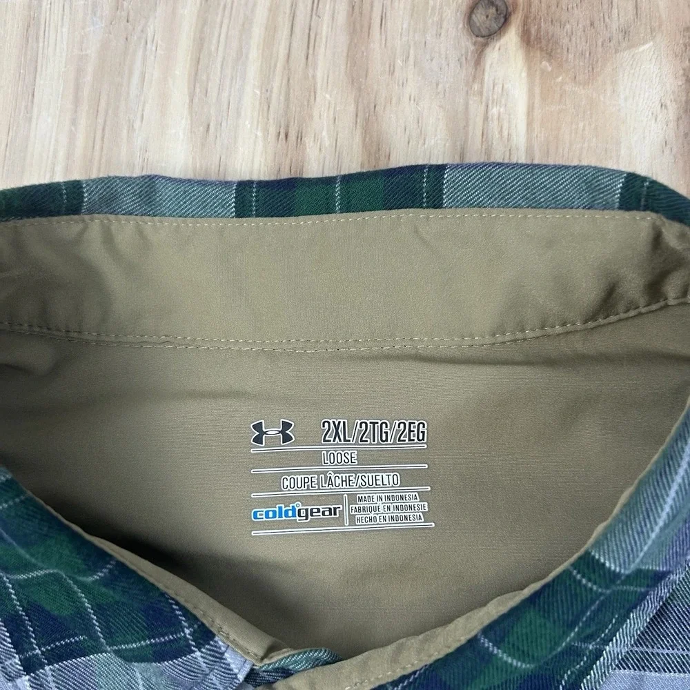 Under Armour Men's Expanse‎ Flannel Shirt 2XL Plaid Elbow Patches Green ColdGear